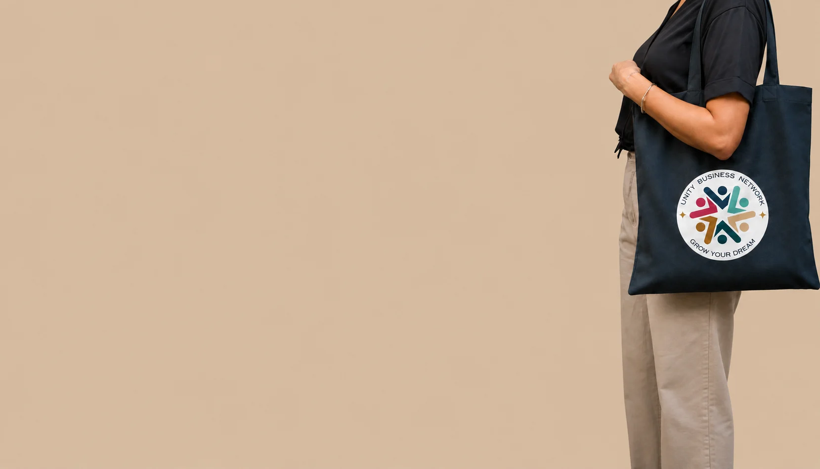 Unity branding on a navy canvas tote — concept imagery